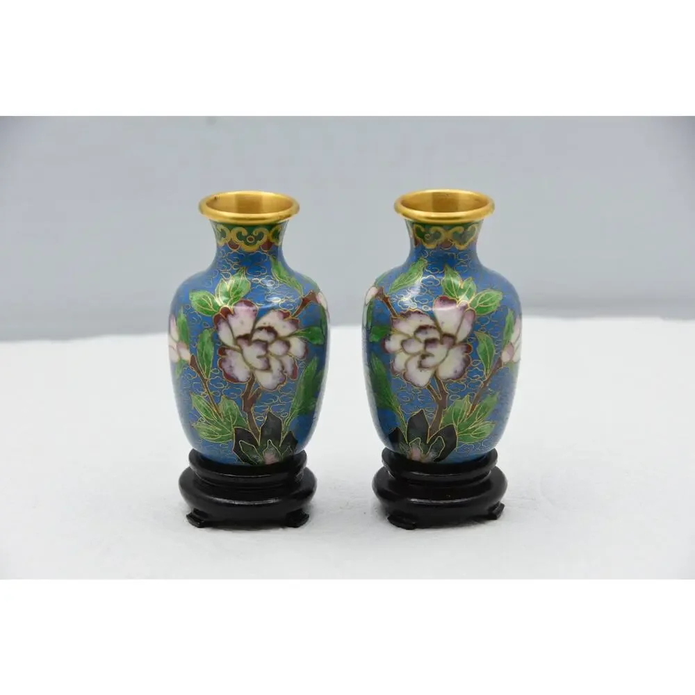 Miniature Chinese Cloisonne Urn Vase on Stands, Set of 2